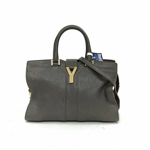 SAINT LAURENT CabasLogo搭扣手提公事包中號灰色牛皮金扣肩背包
