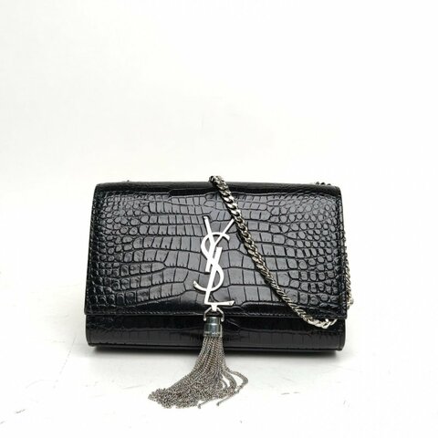 SAINT LAURENT KATEWoc鱷魚壓紋流蘇黑色牛皮銀扣肩背包