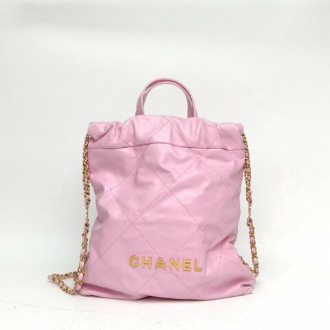 CHANEL 22Bag帶手柄雙肩包小號粉紫色牛皮晶片金扣肩背包