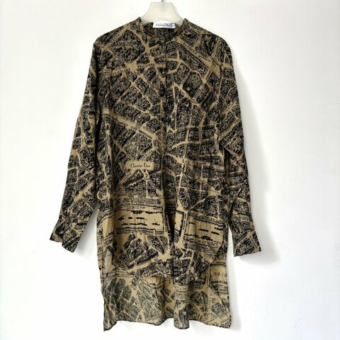 44號 ::Christian Dior:: Beige Plan de Paris Print Cotton High Low Shirt 前短後長街景地圖長板洋裝 襯衫 長版上衣