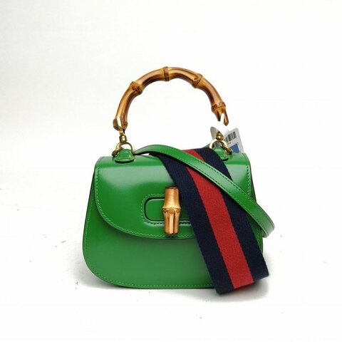 GUCCI Bamboo1947手提包Mini綠色牛皮金扣肩背包
