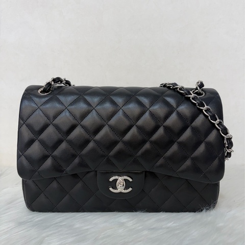 CHANEL A58600 黑羊皮 銀鍊 Jumbo 經典大型口蓋包 肩背包 斜背包