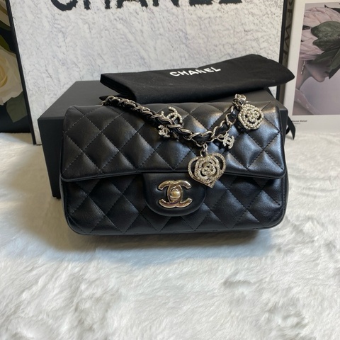 香奈兒 Chanel 黑銀大mini單肩 山茶花鏈條包單肩包斜背包
