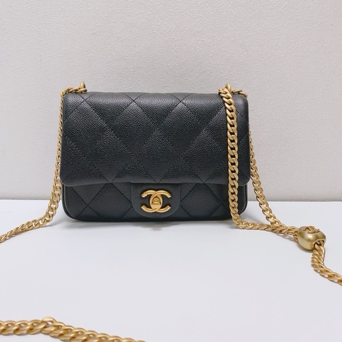 Chanel香奈兒 黑金荔枝皮愛心金扣方胖子單肩包斜挎包鏈條包，芯片款，無附件