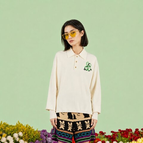 L號 ::GUCCI:: 100%羊毛 兔年限定款 刺繡圖樣 白色羊毛長袖上衣