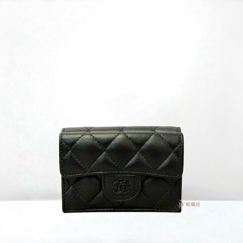 JY0416-CHANEL  黑羊皮雙C黑釦 MINI 三折短夾