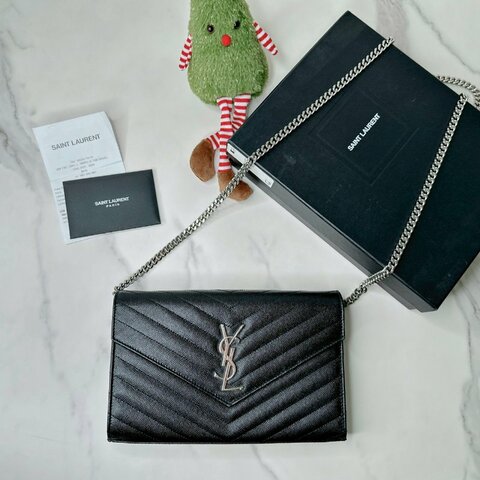 YSL 黑銀荔枝皮革鏈帶WOC