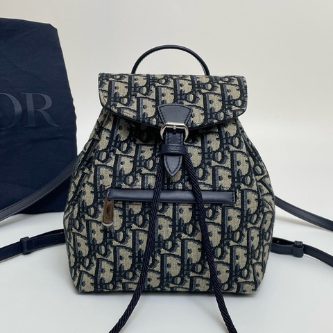DIOR baby 雙肩包 經典老花+藍色皮革飾邊 翻蓋+抽繩設計 肩帶可調節