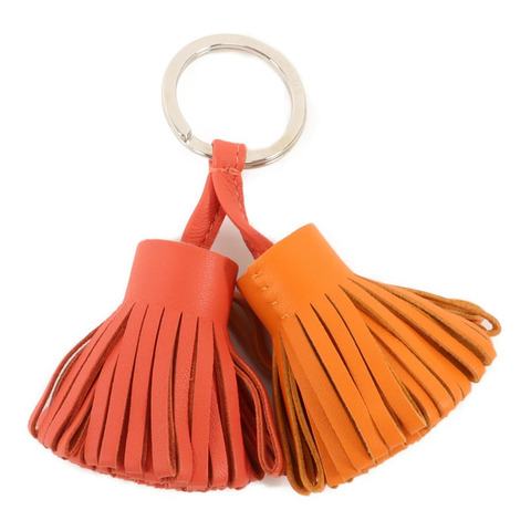 HERMES Milo皮革Carmen Uno-Dos Key Ring鎖匙扣掛飾Rose Jaipur/Orange