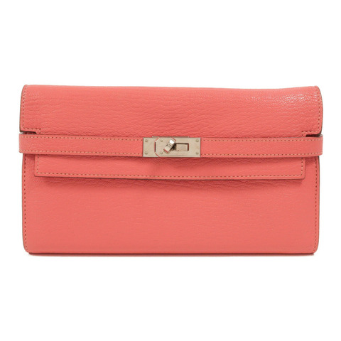 HERMES Chevre皮革Kelly Long Wallet長錢包Rose Lipstick