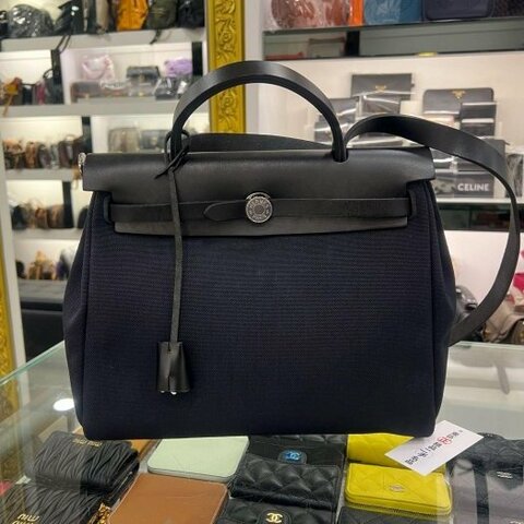 東區正精品㊣HERMES ZIP HERBAG 31cm 愛馬仕黑色帆布拼皮革銀釦手提包肩背包 B刻 RZ6511