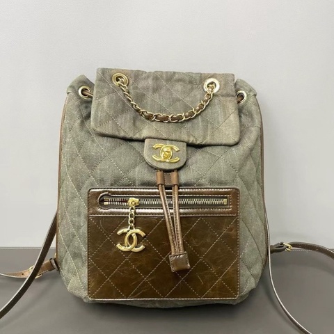 Chanel 古巴系列 牛仔丹寧後背包 菱格紋設計 25.5*30*13 9新 配件塵袋