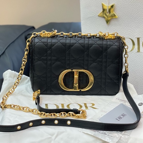 迪奧/Dior Caro黑金牛皮小號藤格紋鏈條包