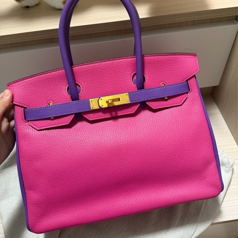 Hermes Birkin30 鉑金 SO 訂製 山羊皮 5J桃粉色 拉絲金扣 絕版薰衣草紫色
