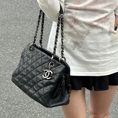 CHANEL香奈兒黑銀荔枝牛皮托特包🈶保卡 99新閒置