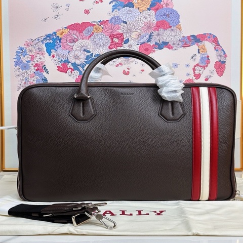 BALLY 巴利 棕色荔枝紋雙層休閒公文包 配肩帶
