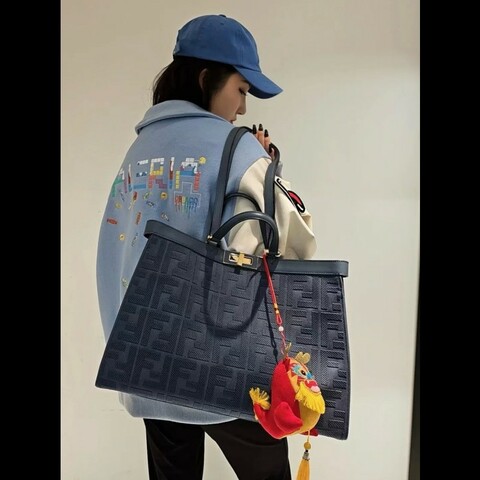 Fendi芬迪 深牛仔藍Peekaboo X-Tote 雙F滿老花刺繡2way手提/單肩托特包 98新✨️