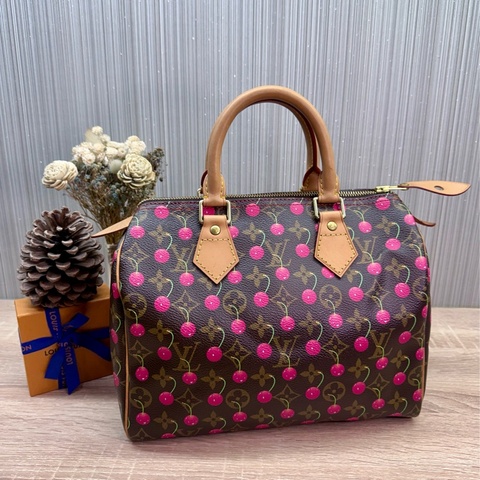 LV M95009 speedy 25cm 限量原花老花字紋櫻桃笑臉村上隆聯名手提包波士頓包