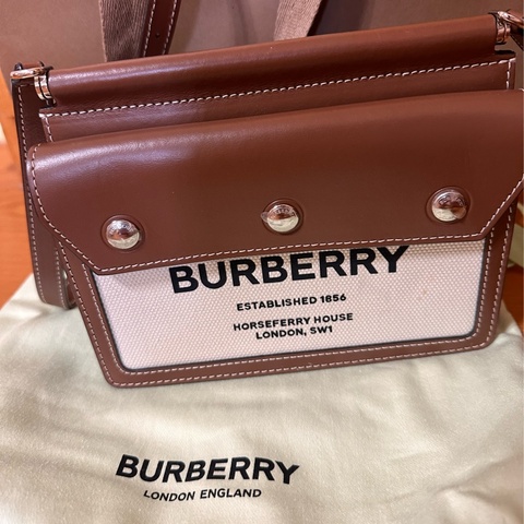 BURBERRY 巴寶莉 Horseferry 皮革拚接帆布mini款斜背包(米白x棕)