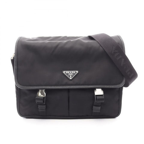 PRADA 斜背肩背包 2VD768 尼龍 Saffiano 皮革 黑色 二手