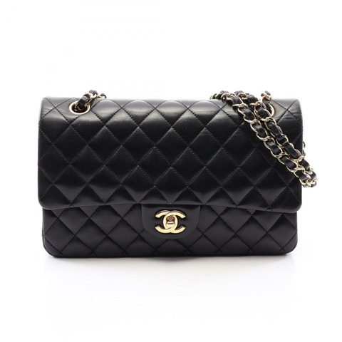 香奈兒 (CHANEL) 絎縫雙蓋鏈條肩背包，羊皮材質，黑色，金色五金，二手