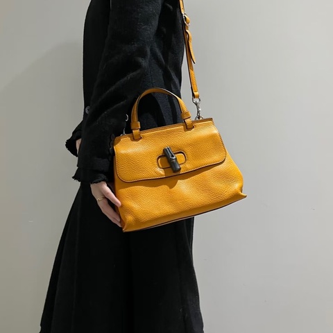 GUCCI💛黃色牛皮竹節手提斜背包
