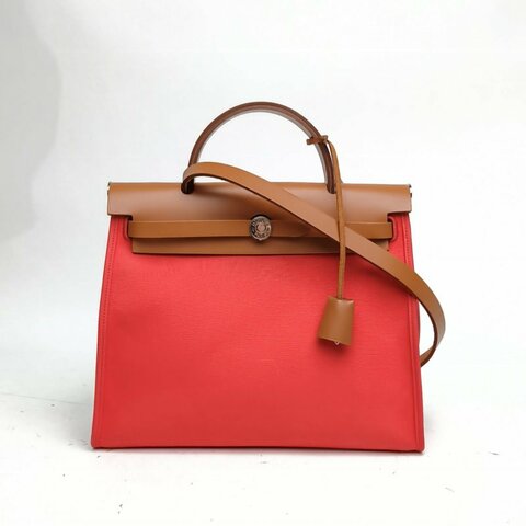 HERMES Herbag31心紅色帆布/牛皮D刻銀扣肩背包