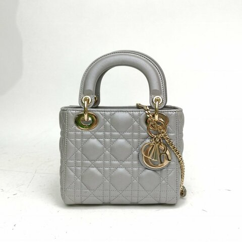 DIOR Lady戴妃包三格灰色羊皮金扣肩背包