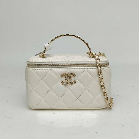 CHANEL 白色羊皮鑽扣24P水鑽手柄長盒子肩背包