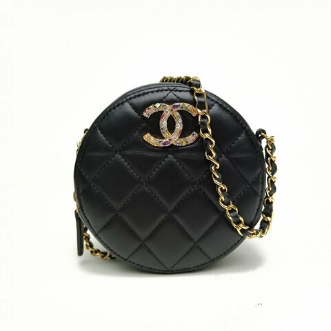 CHANEL 雙C彩鑽鏈條圓餅包黑色羊皮彩鑽扣肩背包