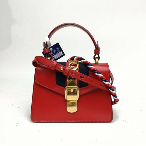 GUCCI Sylvie塞爾維亞絲帶包紅色牛皮金扣肩背包