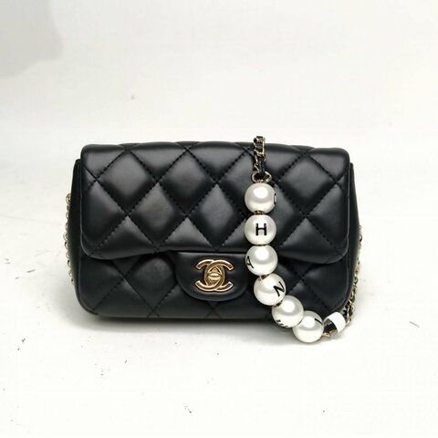 CHANEL 黑色金扣黑金珍珠字母鏈條包CFmini肩背包