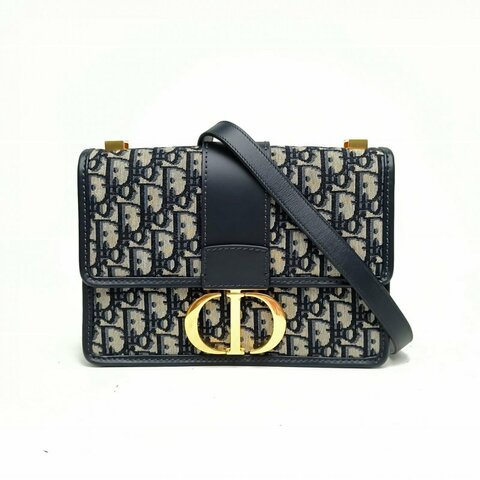DIOR Montaigne蒙田皮肩帶大號藍色帆布金扣肩背包