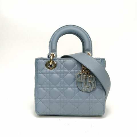 DIOR Lady戴妃包四格藍色羊皮金扣肩背包