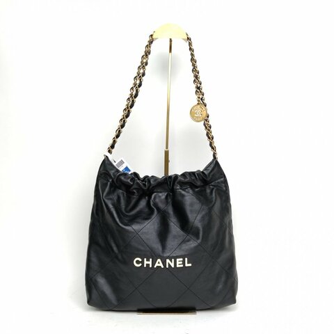 CHANEL 22BagTote托特包小號黑色牛皮晶片白扣肩背包