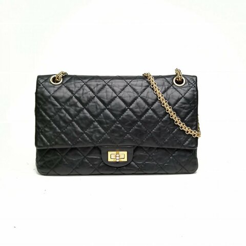 CHANEL 2.55口蓋包大號黑色牛皮14開金扣肩背包