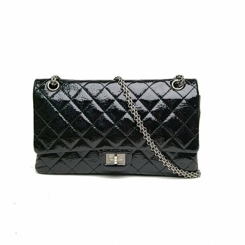 CHANEL 2.55口蓋包大號黑色漆皮14開銀扣肩背包