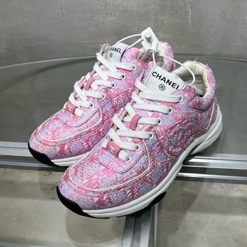 Chanel/香奈兒 格紋粗花呢雙C 運動鞋 粉色 尺碼/38碼