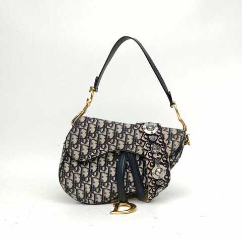 DIOR SADDLE馬鞍中號藍色帆布金扣印花肩背包