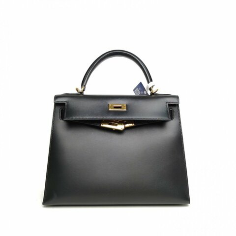 HERMES Kelly28黑色Box皮框E金扣肩背包