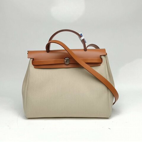 HERMES Herbag31冰川白拼黃褐色帆布/牛皮B刻銀扣肩背包