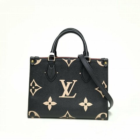 LOUIS VUITTON Onthego小號黑白牛皮金扣晶片老花壓紋肩背包