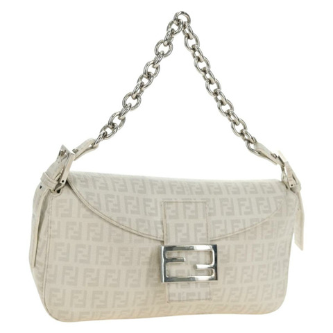 FENDI Zucchino帆布Mamma Baguette手袋 PVC 白色銀色 正品 yk20548SAM