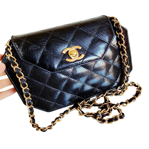 Chanel 黑金特殊皮雙C扣菱格紋鏈條包