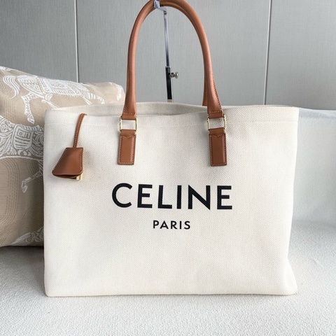 Celine logo 托特包 沙灘包米白拼皮
