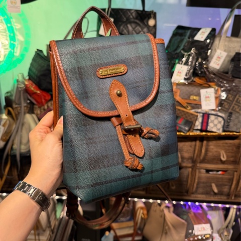 Polo Ralph Lauren 中古 Vintage 經典綠格紋Blackwatch 皮革滾邊 迷你雙肩包 後背包 背囊 backpack