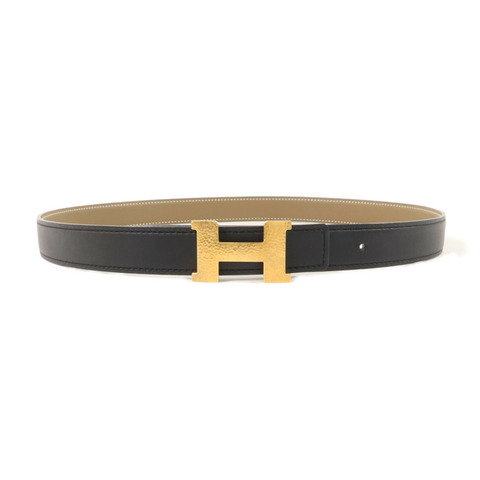 HERMES Epsom皮革/Swift皮革Martelee Reversible Belt 80cm皮帶Noir/Etoupe