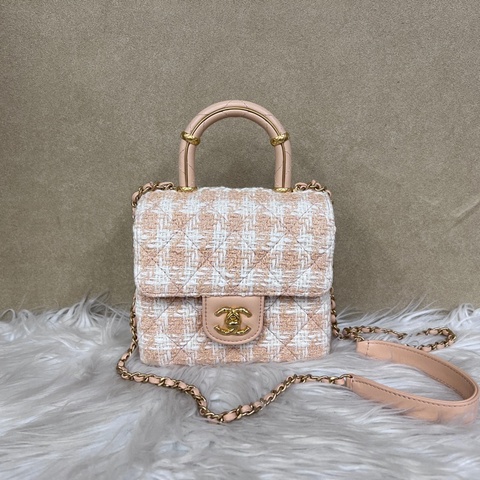 Chanel 橘白毛呢粉橘牛皮霧金釦手提迷你斜背包AS4035
