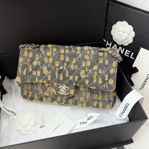Chanel香奈兒 粗花毛呢黃灰色牛仔單寧 乞丐包 CF中號