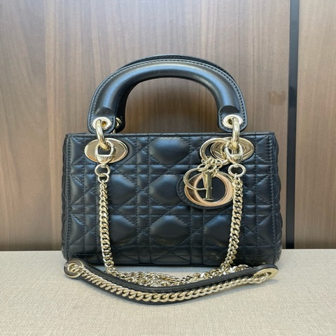 DIOR迪奧 Lady Dior 黑色 可拆卸鏈條肩帶 3格藤格 戴妃包 原始成色